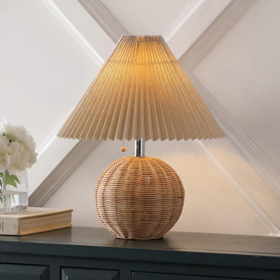 Rattan And Iron Sphere Led Table Lamp With Pleated Shade And Pull Chain For Bedroom Living Room Entry Console