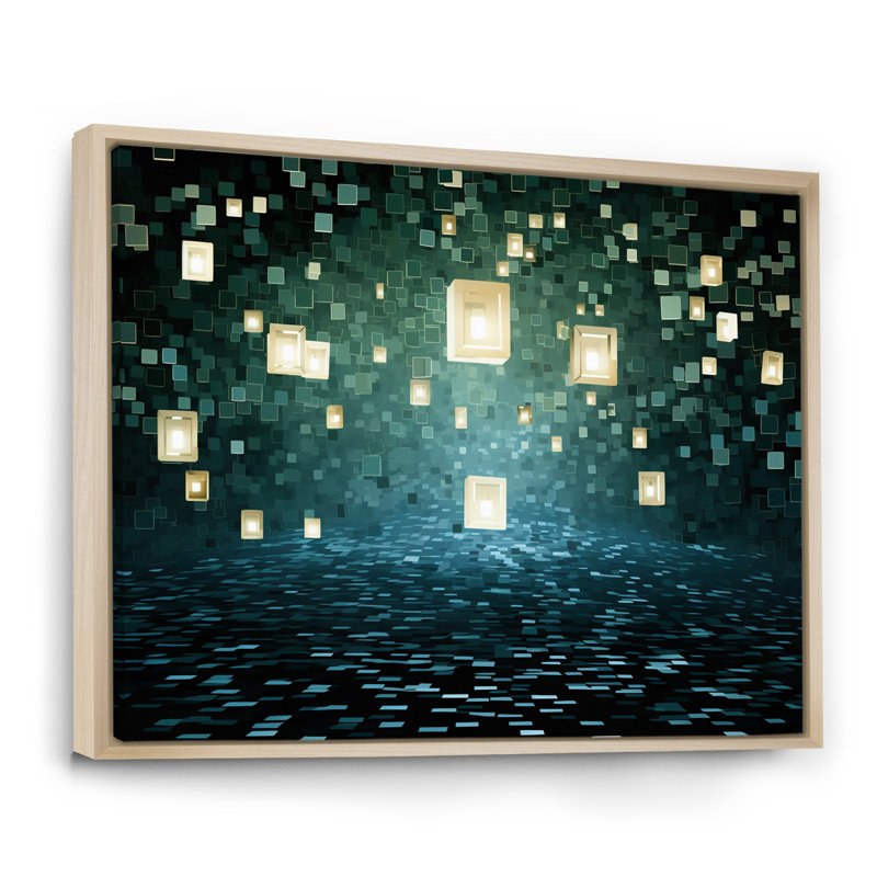 Matrice galaxie abstraite bleu profond et turquoise I - peinture abstraite murale, salon, Cadre flottant brun