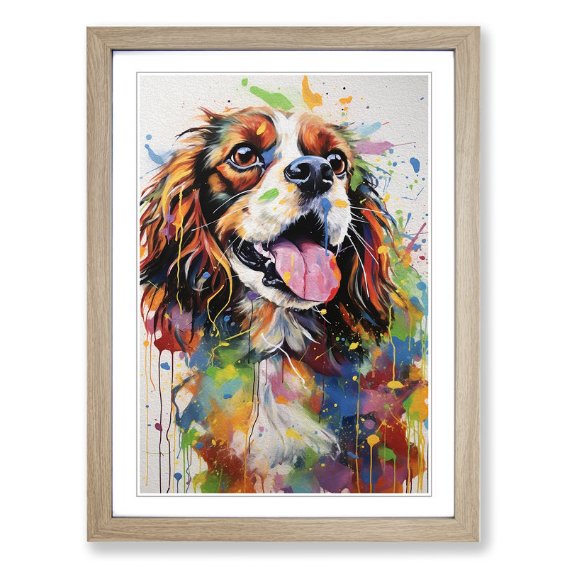 Cavalier King Charles Spaniel Action - Single Picture Frame Print on Wood, Oak Framed, 64cm H x 46cm W x 2cm D