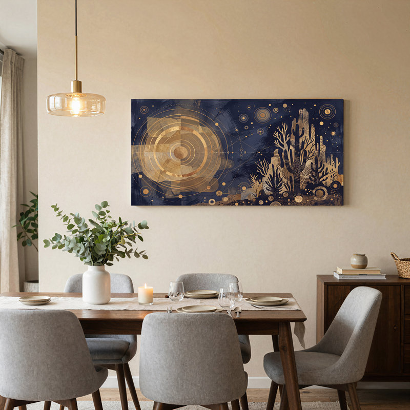 Art mural sur toile bleu marine à anneaux concentriques dorés et cactus, L 58 po x H 28 po