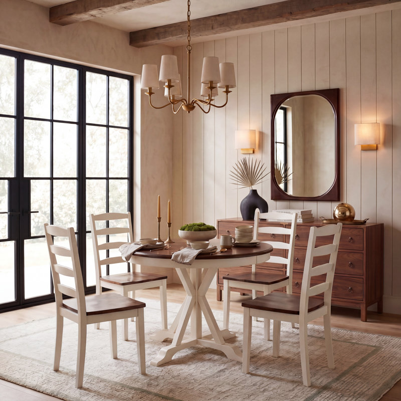 Modern Solid Wood 5-Piece Dining Set – Stylish Natural & Cream White Accents for Elegant Dining Room, White/Brown