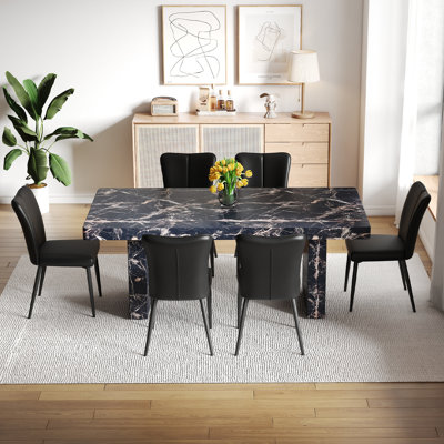 Ensemble de table et de chaises 78,7 po x 39,4 po x 29,9 po, ensemble de tables de salle à manger en MDF luxueux à motif de marbre noir, avec un plateau de 3,5 po d'épaisseur.