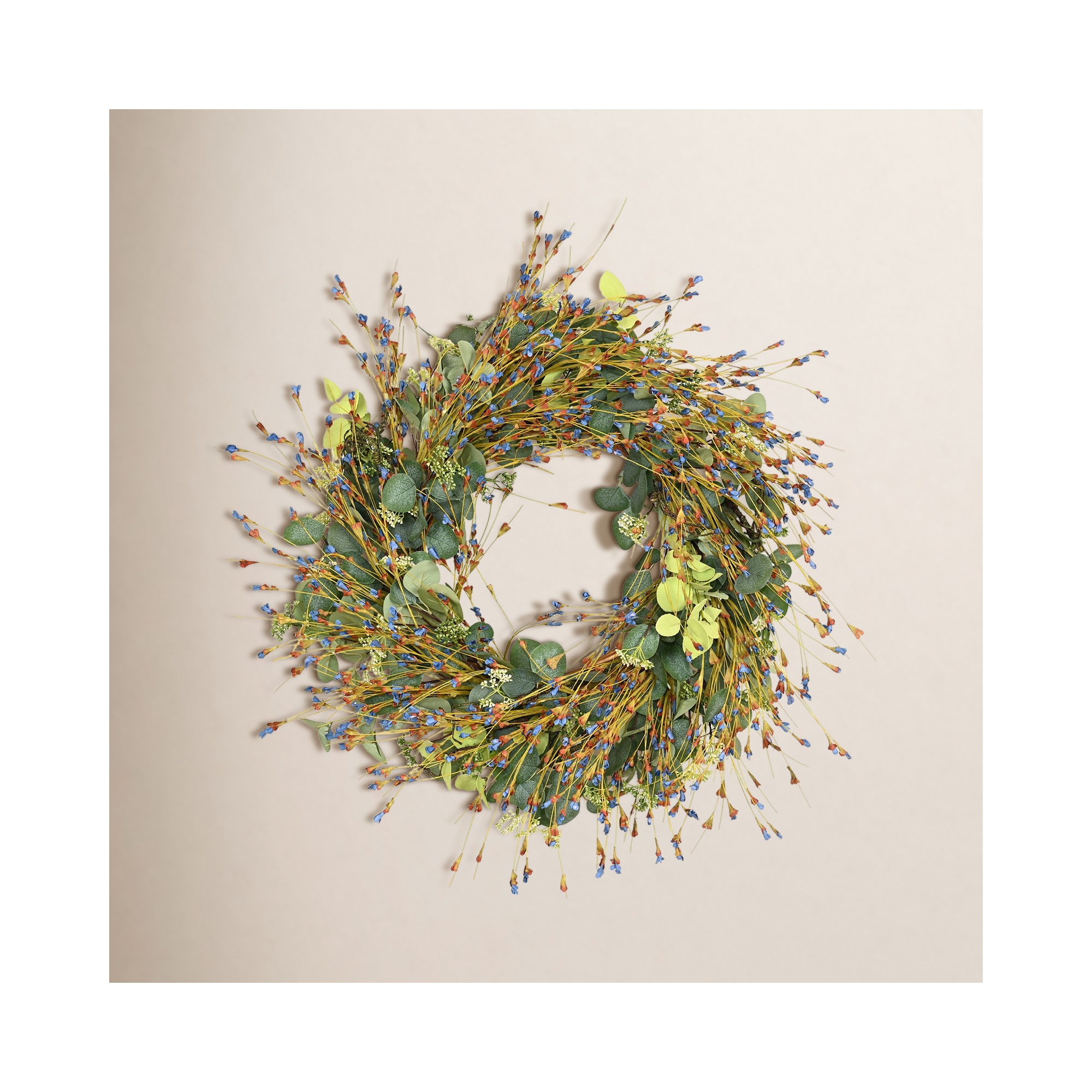 24" Artificial Farmhouse Blossom Cluster Eucalyptus Greenery Foliage Wildflower Fall Wreath For Front Door, Blue