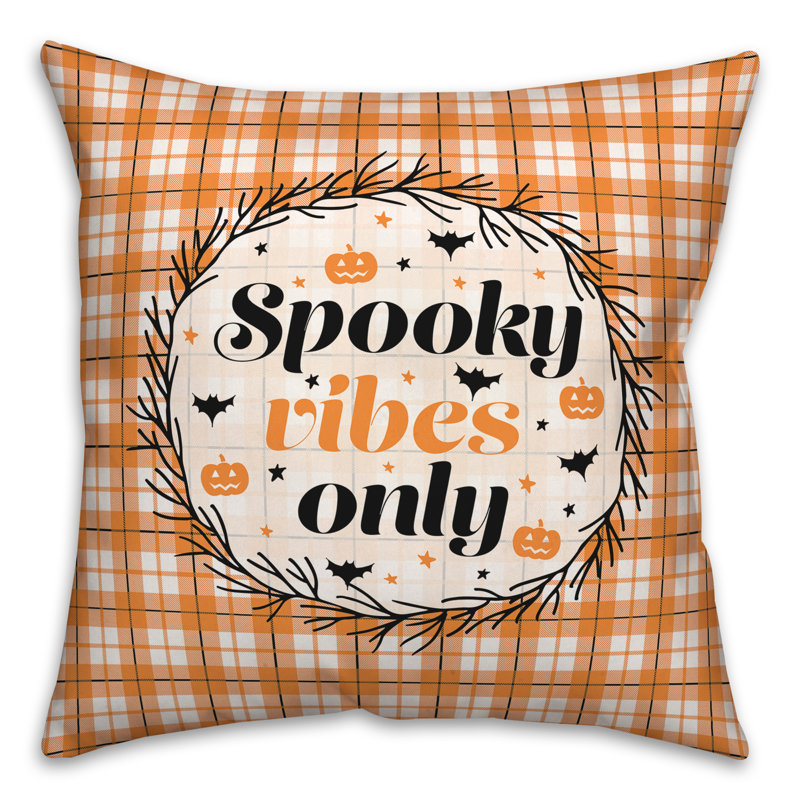 Coussin Spooky, H 18 po x l 18 po, Carré, Tissu écossais orange