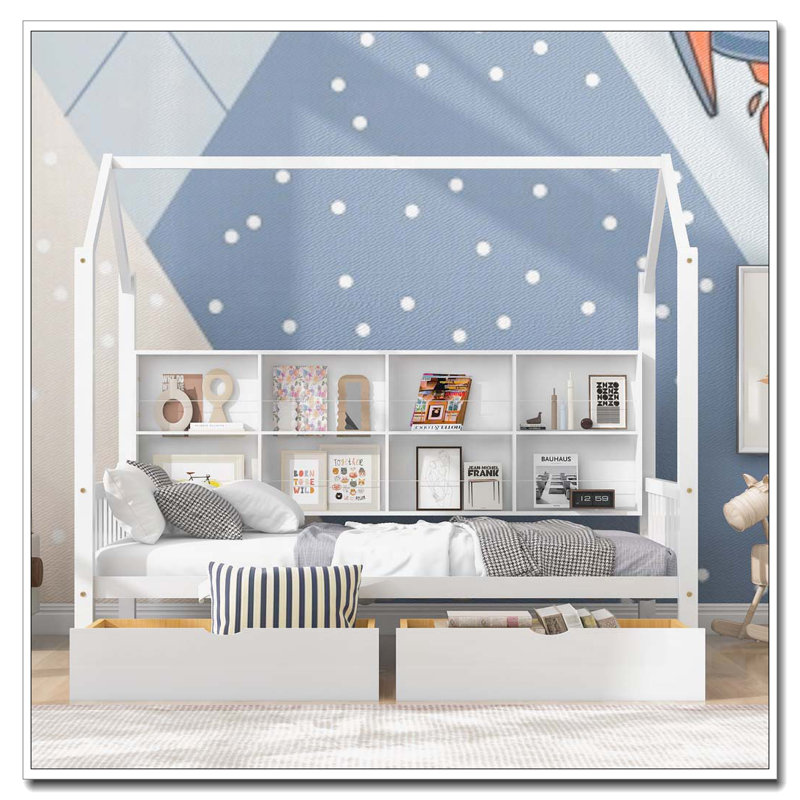 Lit House avec 2 tiroirs, lit pour enfant avec tablette de rangement