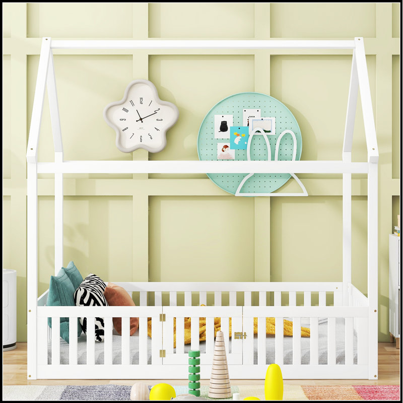 Lit en bois pour maison avec clôture et porte, Lit double, Blanc