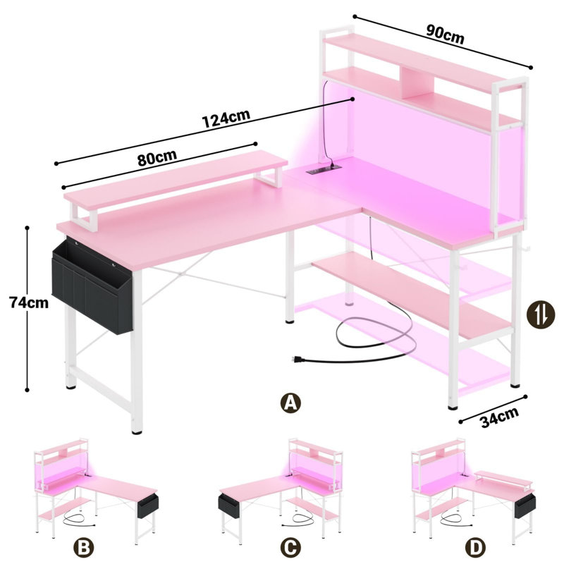 L-Shaped Gaming Desk with Power Outlets & LED Lights, Small Corner Computer Desk with Monitor Stand & Storage Shelf, Gaming Table with Storage Bag