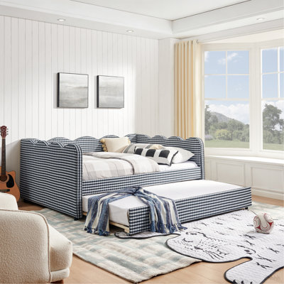 Lit de jour en vichy double avec couchette simple sans sommier, avec port USB et adorable tissu en forme de vague