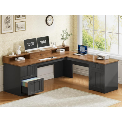 Bureau en L 63 po avec tiroirs, bureau d'ordinateur de coin Farmhouse