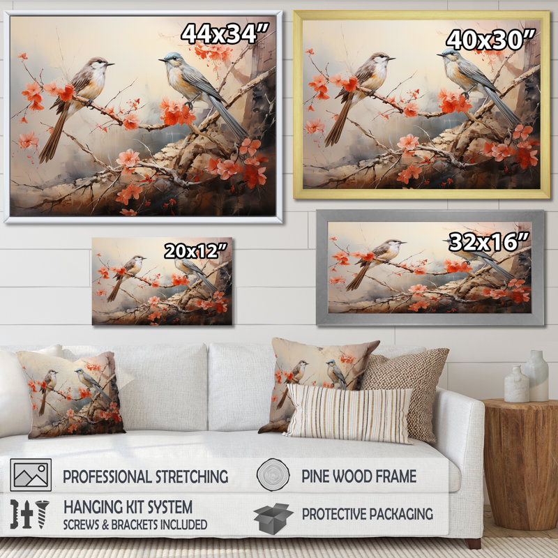 Oiseaux rétro sur une fleur rose - Art mural oiseau, Cadre flottant noir, H 16 po x l 32 po x P 1 po