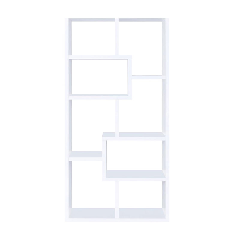 Bibliothèque blanche à multiples tablettes rectangulaires géométriques, compartiments ouverts pour ranger les trophées et structure verticale moderne, format compact, avec caractéristique, en pot stratifié