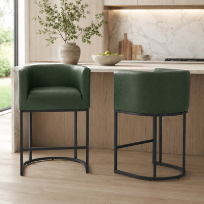 26" Counter Height Bar Stools, Faux Leather Barrel Counter Chairs