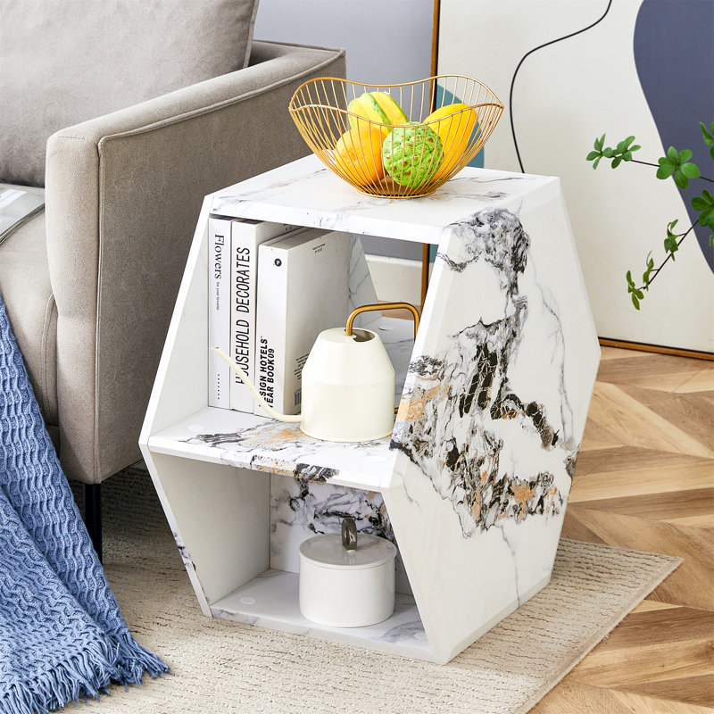 Hexagonal MDF Coffee Table, White Marbl Pattern Stickers, Multi-Hole Design To Give More Storage Space, Simple And Convenient Design Makes It Suitable For All Kinds Of Style Scenes. 25*21.6