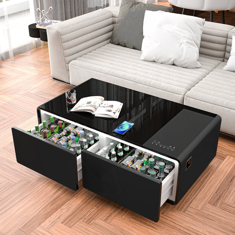Modern Smart Coffee Table With Built-In Fridge, Bluetooth Speakers, Wireless Charging, Power Socket, USB Ports, Rgb Light, Black
