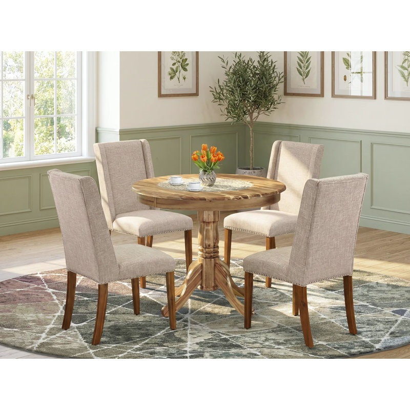 L'ensemble de table de cuisine 5 pièces pour 4 personnes comprend une table de salle à manger ronde avec piédestal et 4 chaises de salle à manger Parson en tissu brun clair clair, naturel
