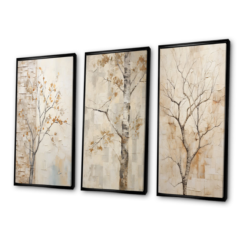 Minimalisme sycomore beige arbre solitude - ensemble de 3 décorations murales sycomore, Cadre flottant noir