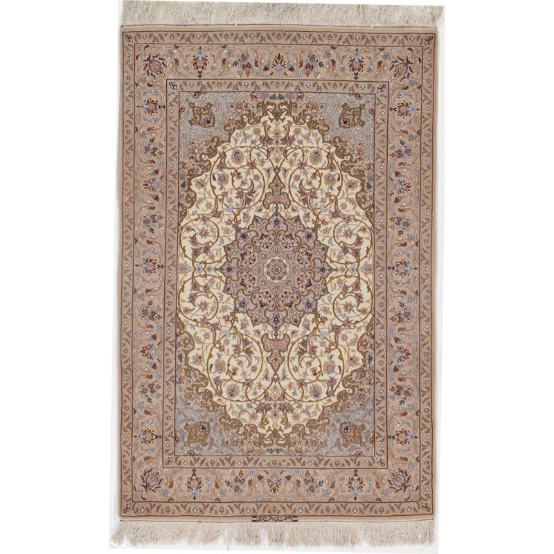 Tapis unique noué à la main ivoire / gris / brun de 3 pi 8 po x 5 pi 9 po