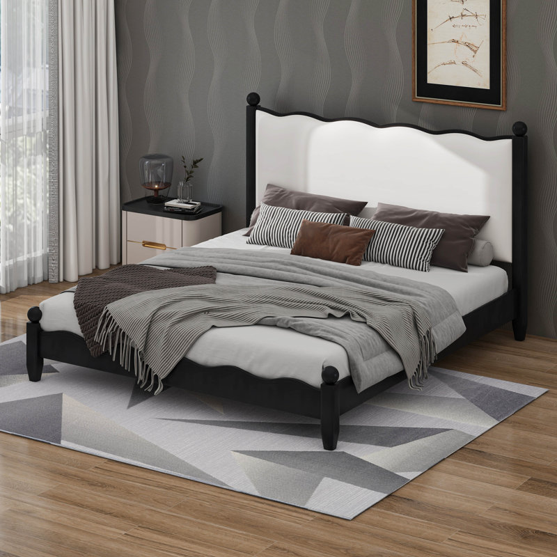 Lit plateforme classique en bois avec tête de lit tapissier festonnée élégante, cadre de lit robuste et durable, Black/Beige