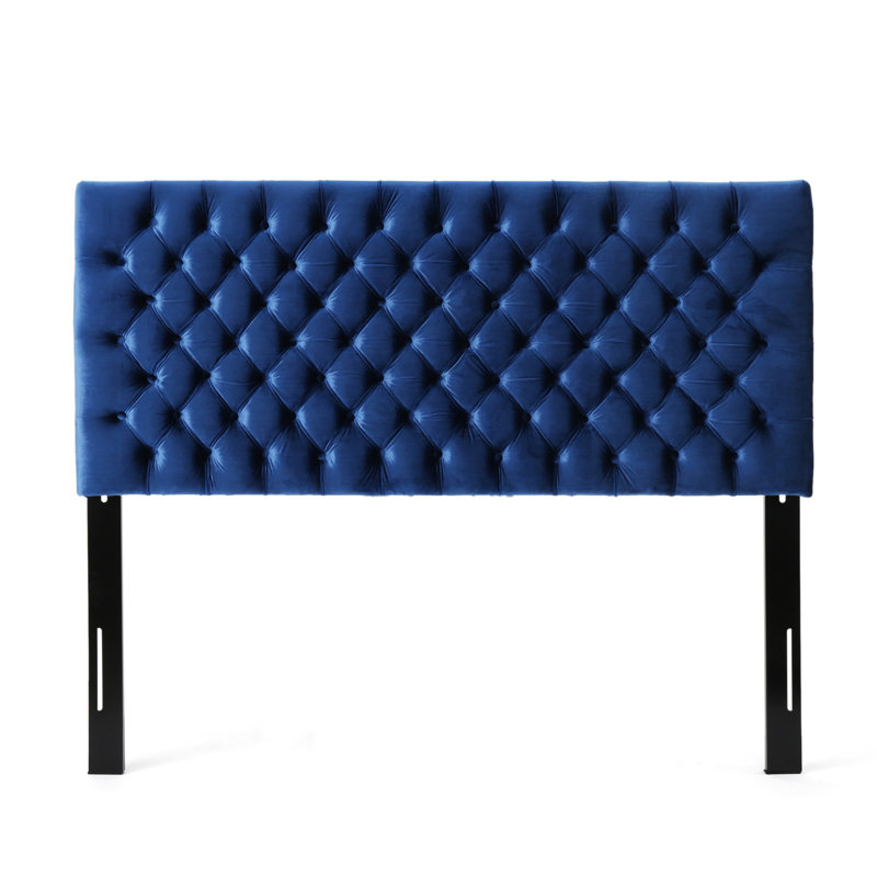 Queen Size Headboard In Navy Blue Velvet, Contemporary Style, Button Diamond Stitch Upholstery, Adjustable, Attractive Velvet Headboard, Design, Adjustable For Bed, Stitching