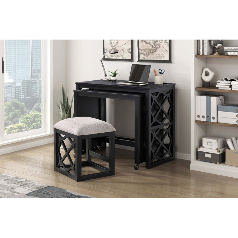 3-Piece Home Office Furniture Set With Rolling Desk, Casters, And 2 Charging Ports For Modern Workspaces, Black