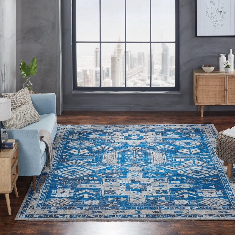 Tapis oriental bleu en laine noué à la main Maragni, Rectangle 4 pi x 6 pi