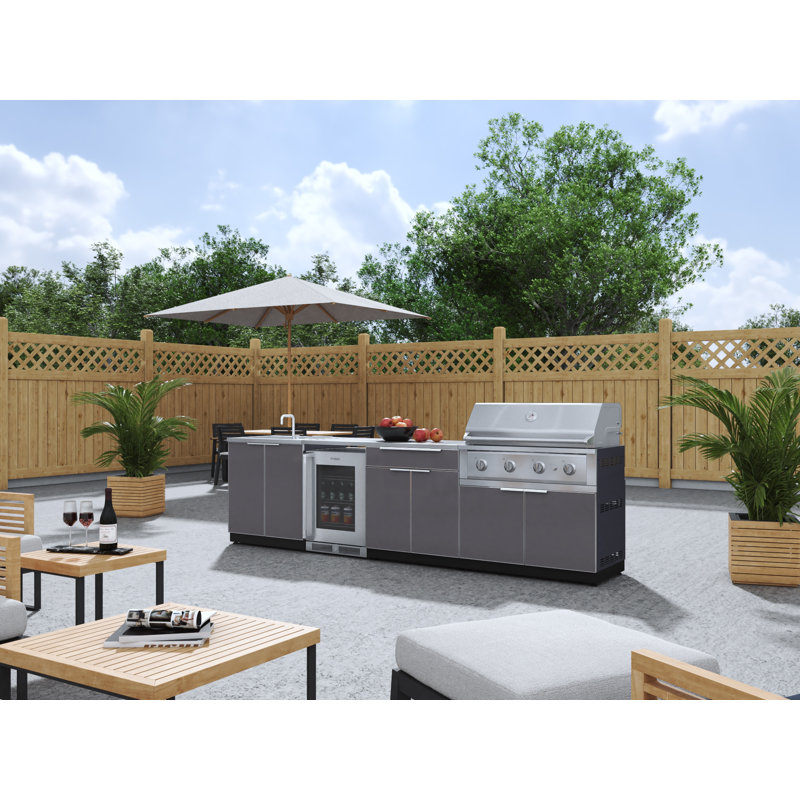 Outdoor Kitchen Aluminum 6 Piece Cabinet Set With 40 In. Liquid Propane Gas Performance Grill And Fridge, Gray