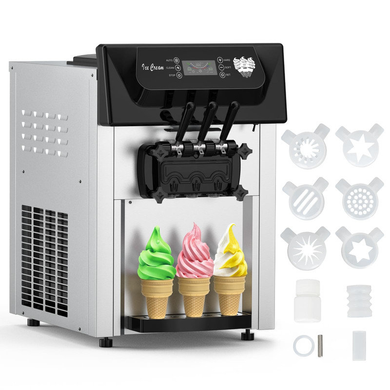 Commercial Soft Serve Machine 3 Flavors 7.4 Gal/H Countertop Ice Cream Maker with LCD & Auto Cleaning for Cafe Restaurant