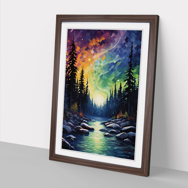 Northern Lights Impressionism - Single Picture Frame Print on Wood, 34cm H x 25cm W x 2cm D, Walnut