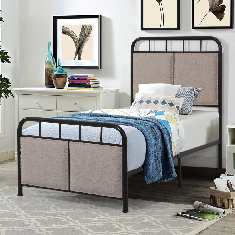 Base de lit simple tapissier en lin avec tête de lit et pied de lit en tissu, Twin