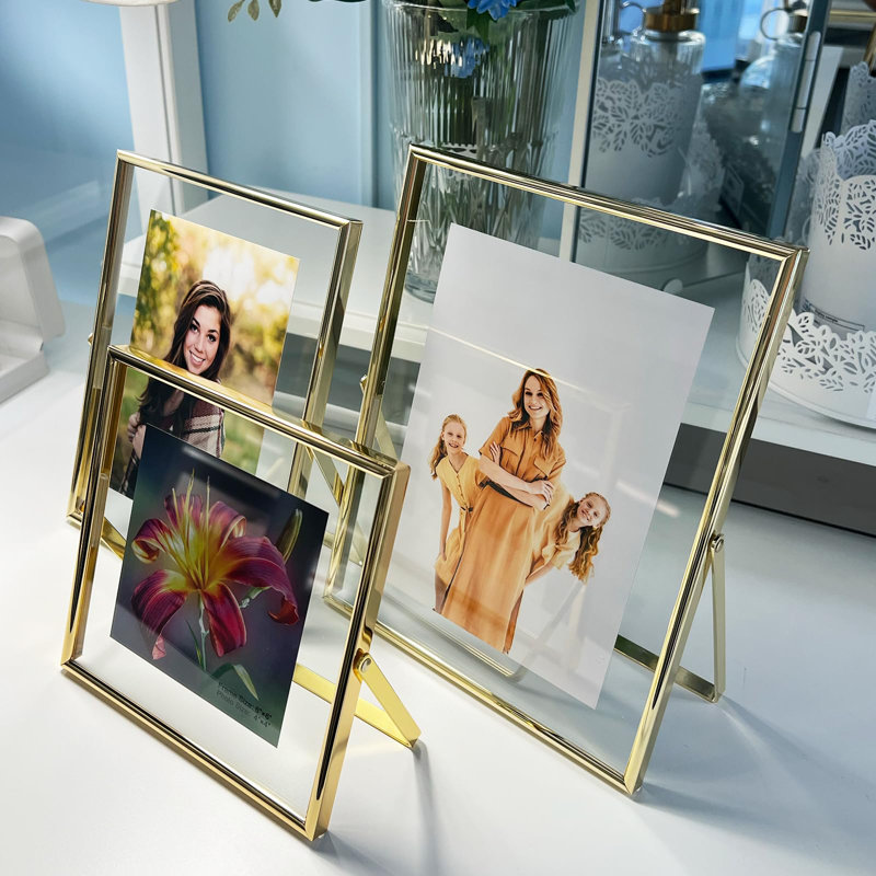 Elegant Gold Metal Floater Frame Set - Minimalist Tabletop Display For Love And Family Photos