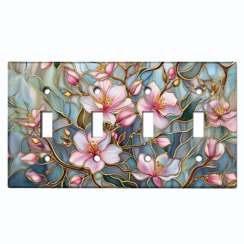 Couvercle de plaque d'interrupteur en métal; Bascule à 4 bandes US standard - image imprimée de fleurs en verre coloré