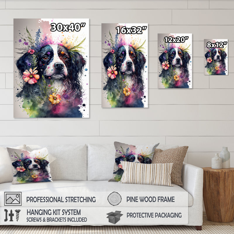 «Cute Dog FloralI», impression sur toile, H 32 po x l 16 po x P 1 po, Toile tendue