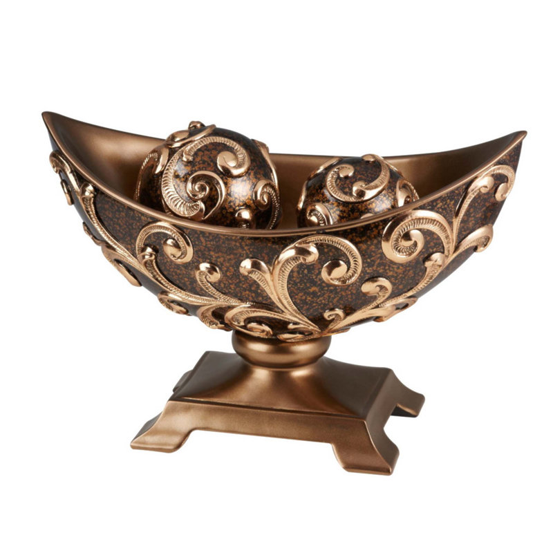Bol décoratif en polyrésine fabriqué à la main de style baroque avec sphères, filigrane élaboré et perles pour l'élégance de la maison