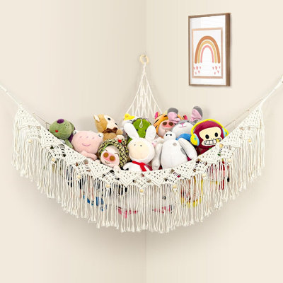 Grand hamac pour peluches, filet de rangement d'angle en macramé de coton, organisateur en peluche tissé à la main avec pompons et perles pour chambre d'enfant, chambre à coucher et salle de jeux de style bohème