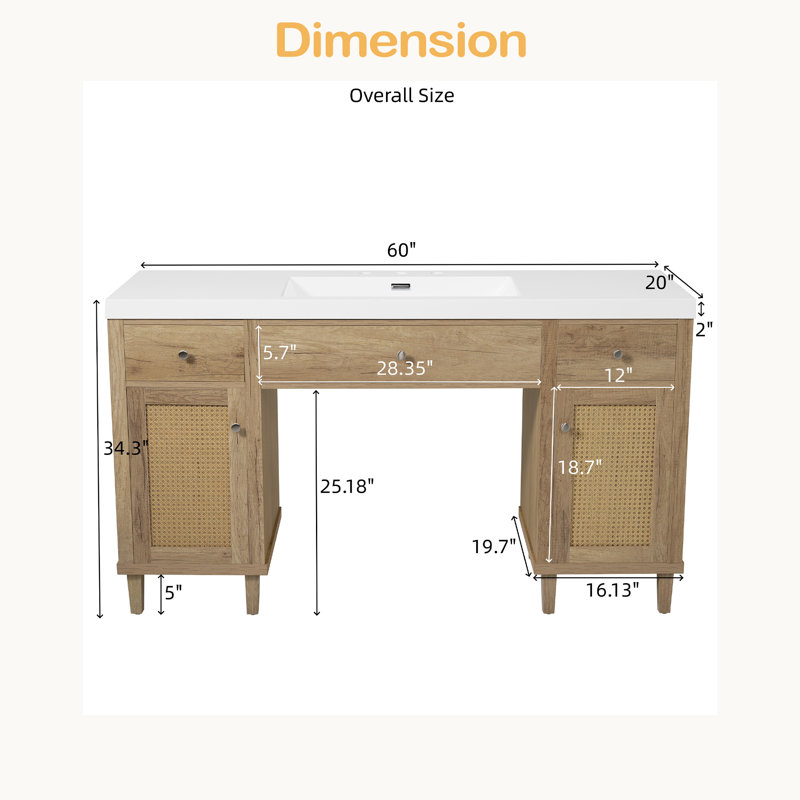 Meuble-lavabo de 60 pouces avec lavabo SMC, Bois