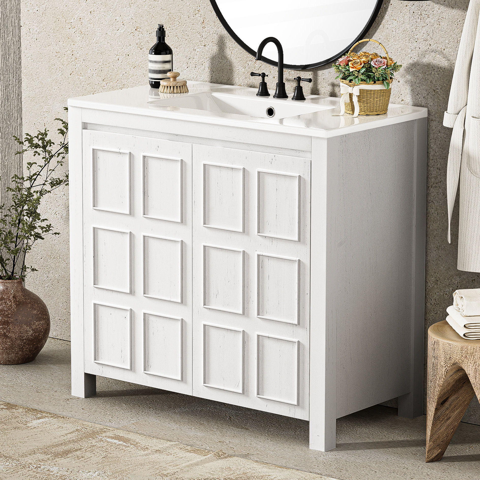 Ebern Designs 36-Inch Bathroom Vanity In Antique White, With Solid Wood ...
