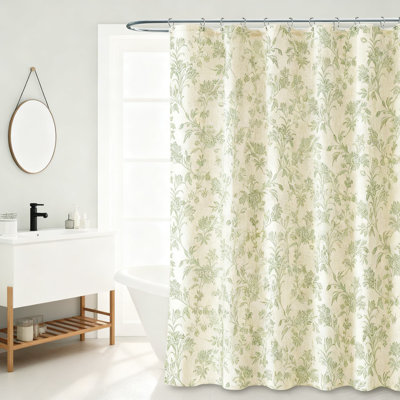 Floral Shower Curtain Cotton Linen Blend Fabric Rust-Proof Grommets Machine Washable Bathroom Decor