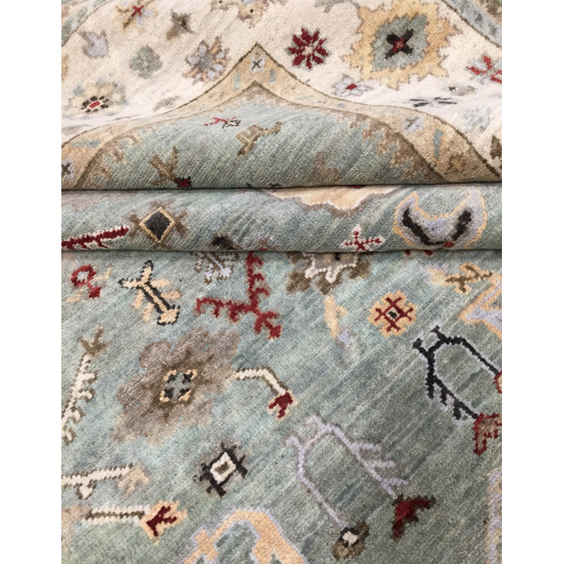 Tapis bleu / vert en laine noué à la main Waco, Rectangle de 4 pi x 6 pi
