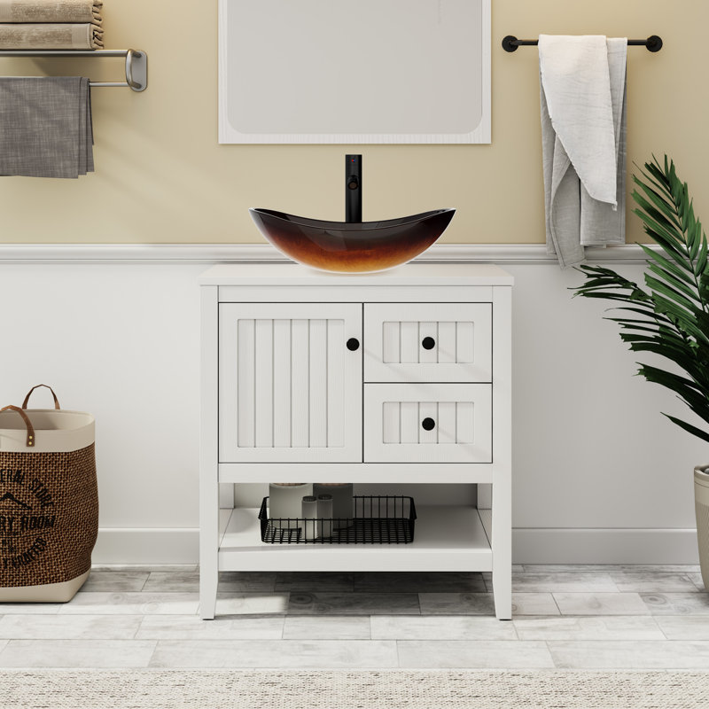 Ensemble de meuble-lavabo simple 30 po avec lavabo vasque, robinet et drain Sharee, assemblage requis, Blanc