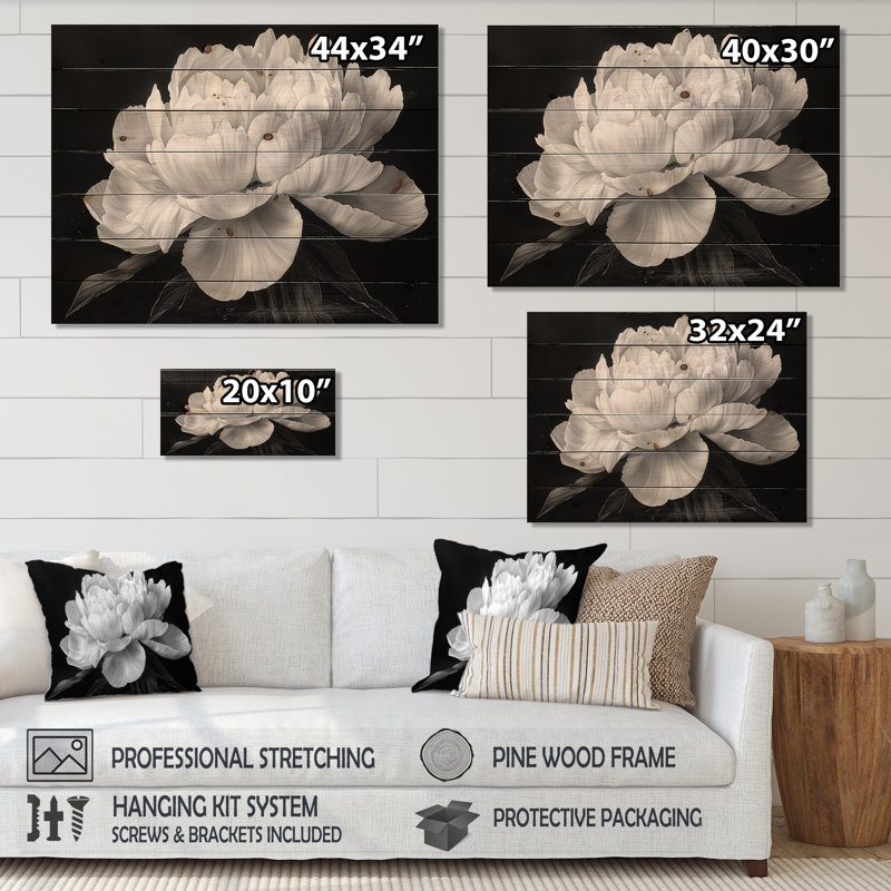 Pivoine blanche et noire Elegance I - décoration murale en bois de pivoines - sur bois de pin naturel