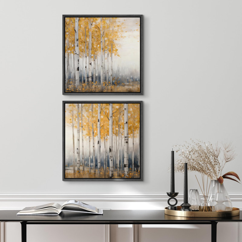 Or jaune, trembles, automne, bouleau, forêt, nature, paysage, illustrations, art moderne, minimaliste, Black Floater Framed