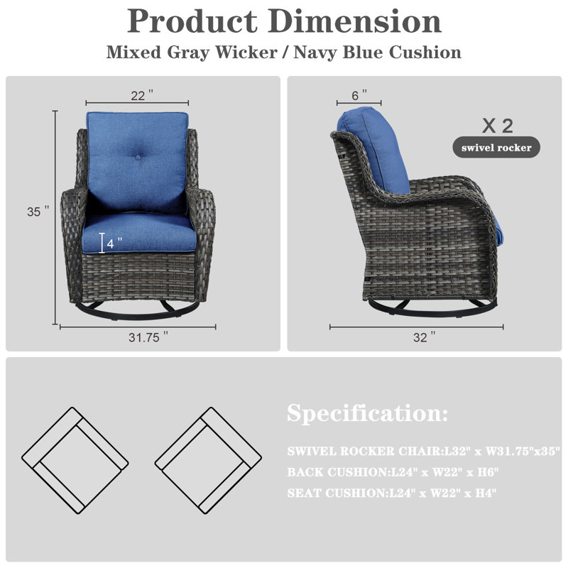 Fauteuils d'appoint en rotin avec coussins Bonia, Bleu, Gris