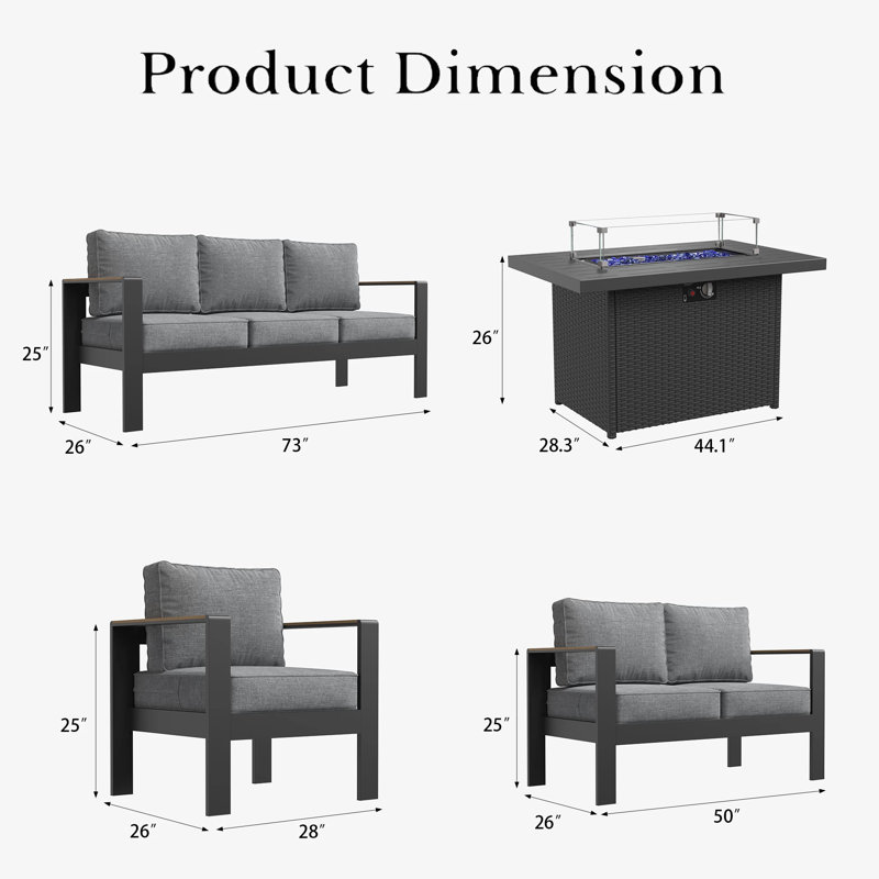 5 Pieces Outdoor Aluminum Furniture Set With Fire Pit Table For Outside Patio, Modern Patio Conversation Chat Set, Gray