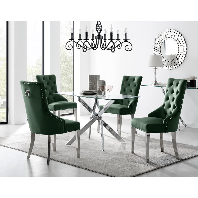 Lenworth Chrome and Glass Rectangular Dining Table Set with 4 Luxury Button Velvet Chairs