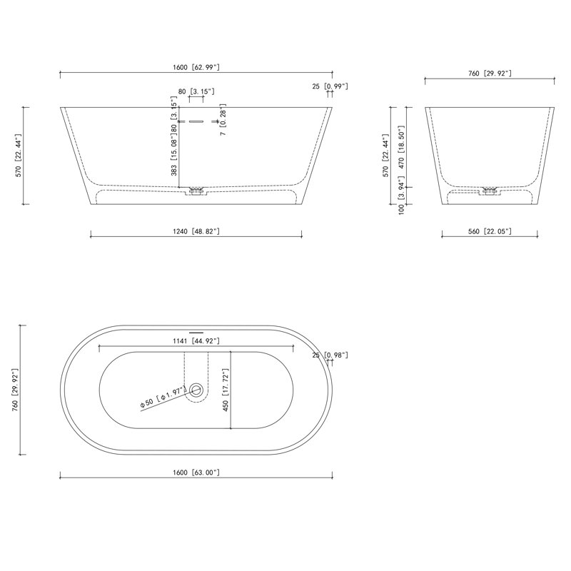 Forma 63'' Solid Surface Bathtub,Stone Resin Freestanding Soak Tub for Bathroom,Solid Deep Soaker Tub With Built In Overflow 