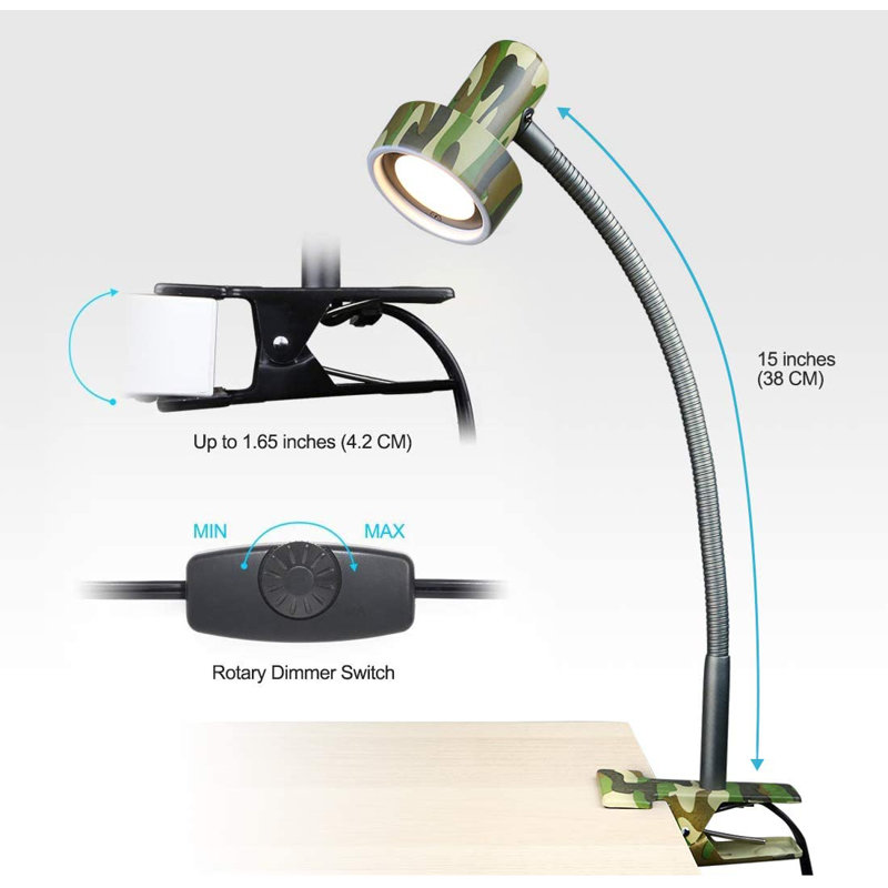Ancier 16.5"  Dimmable LED Desk Lamp with Gooseneck (Black-Clip on), Camouflage