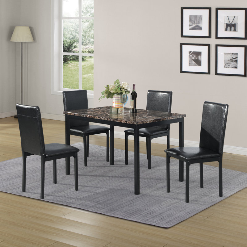 5 Piece Metal Dinette Set with Faux Marble Top - Black,dinning set,table&4 chairs