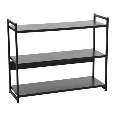 Jamestown Wide 3 Shelf Open Storage Bookshelf in Wood Grain and Black Metal Frame Black Oak