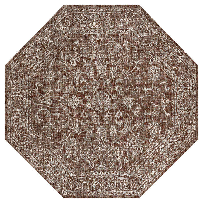 Leonora Bohemian Textured Weave Floral Red/Taupe Indoor/Outdoor Rug, Octagon 7'9"