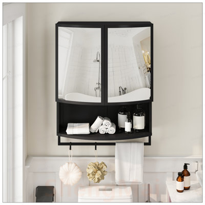 Modern Arched Glass Double-Door Wardrobe with Shatterproof Non-Glass Mirror and Double-Layer Storage, Open Shelf, and Towel Rack for Entryway, Living Room, Bathroom, Dining Room